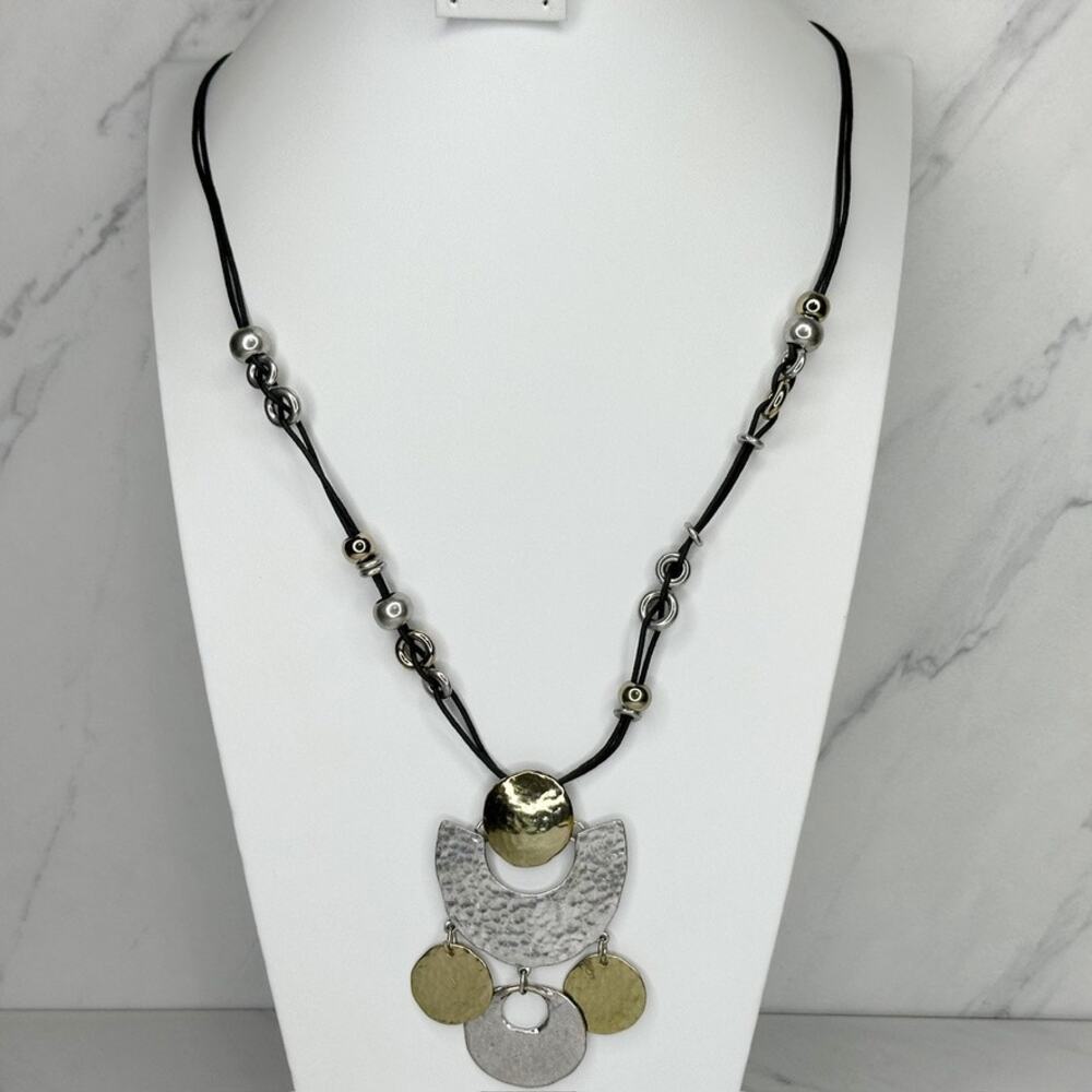 Chico's Hammered Pendant Silver Gold Black Cord Necklace ✨